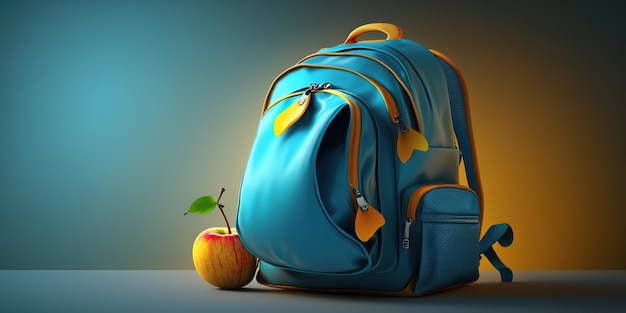 Un sac à dos bleu avec une pomme rouge à côté