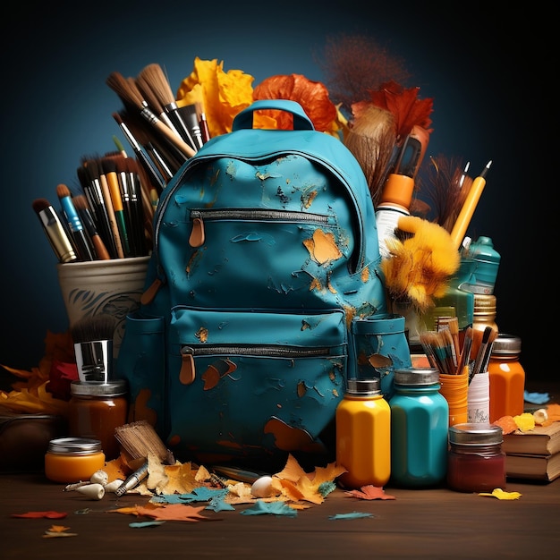 Photo un sac à dos bleu rempli de fournitures scolaires et de bâtons de peinture