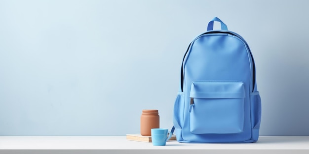 Un sac à dos bleu et une tasse de café sur une table blanche.