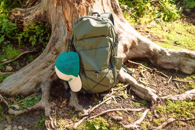 Sac à dos de camping de voyage ou sac de chasse militaire avec des bâtons appuyés contre un arbre dans la forêt