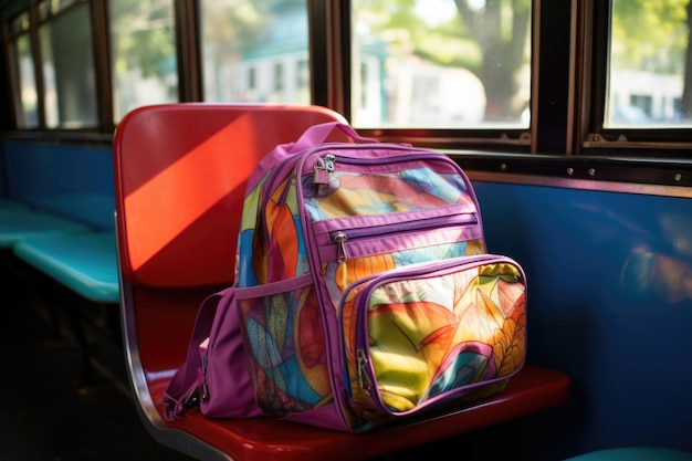 Photo un sac à dos coloré et une boîte à déjeuner sur un siège d'autobus scolaire