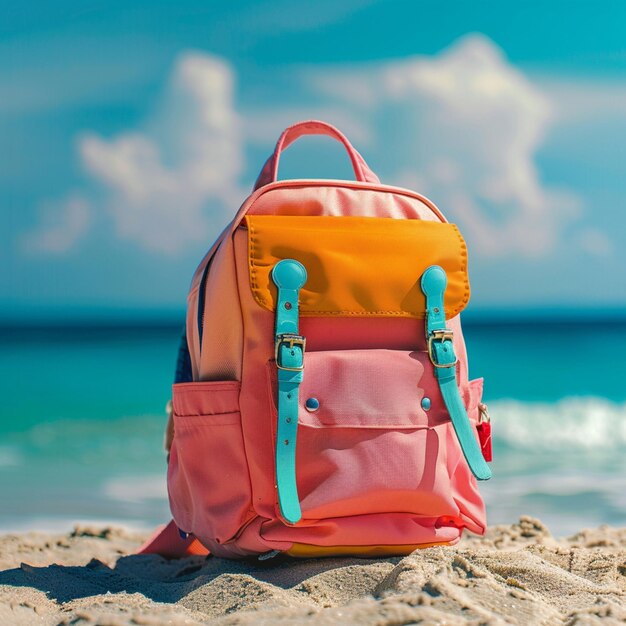 un sac à dos coloré est assis sur la plage devant un océan bleu