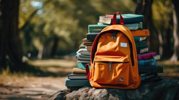 un sac à dos coloré avec une pile de manuels à l'intérieur