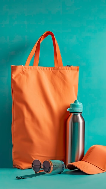 Photo sac à dos en coton de marque, bouchon de bouteille d'eau métallique, fond blanc