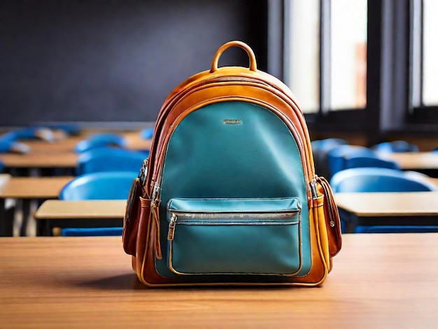 Photo un sac à dos en cuir coloré de luxe isolé sur le fond de la salle de classe pour l'étudiant