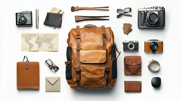 Un sac à dos en cuir élégant entouré d'articles de voyage essentiels et d'équipements de photographie sur une surface minimaliste