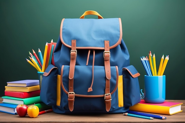 Photo le sac à dos décoré de fournitures scolaires crée un fond thématique symbolisant le concept de backtoschool