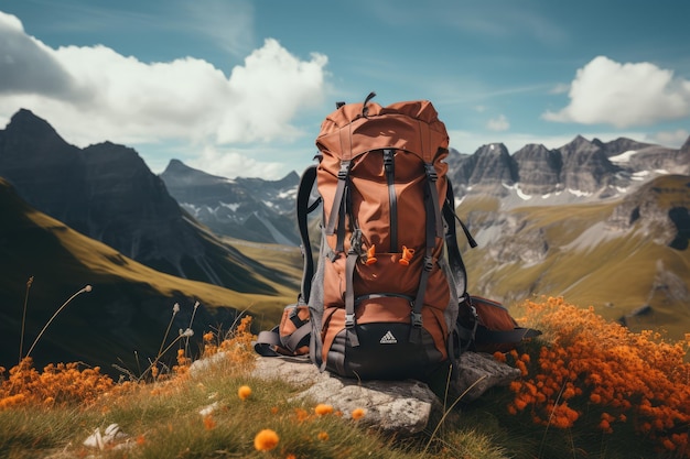 Un sac à dos avec du matériel de randonnée en montagne.