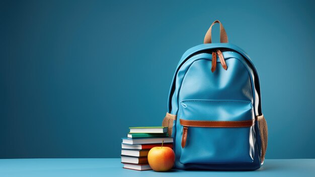 Photo sac à dos avec du matériel scolaire sur fond bleu