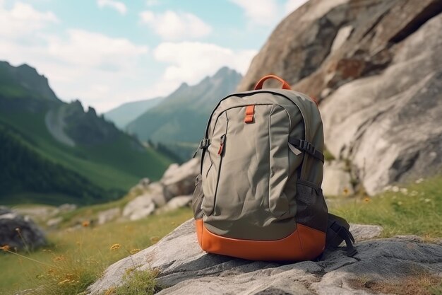 Sac à dos élégant sur le fond des montagnes Sac à dos gris en tissu touristique sur de grandes pierres Sac à dos hipster brun en randonnée Voyage