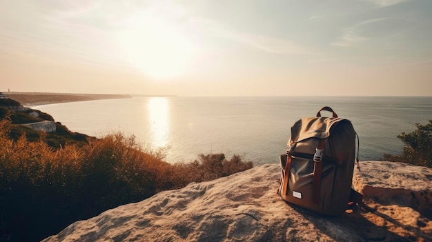 Un sac à dos est posé sur une falaise surplombant l'océan.