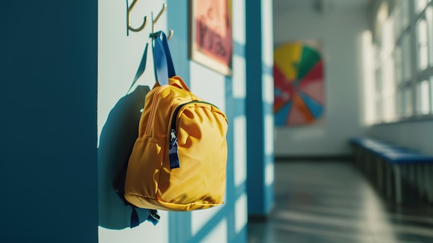 Photo un sac à dos d'étudiants du collège accroché à un crochet dans un couloir