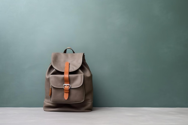 Un sac à dos gris avec une sangle en cuir marron est posé sur une table contre un mur vert.