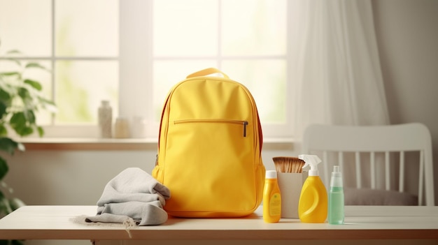 sac à dos jaune assis sur une table avec des fournitures de nettoyage sur elle ai générative