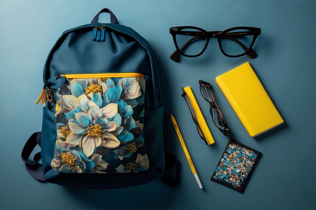 Un sac à dos jaune et bleu avec un motif floral se trouve sur une surface bleue