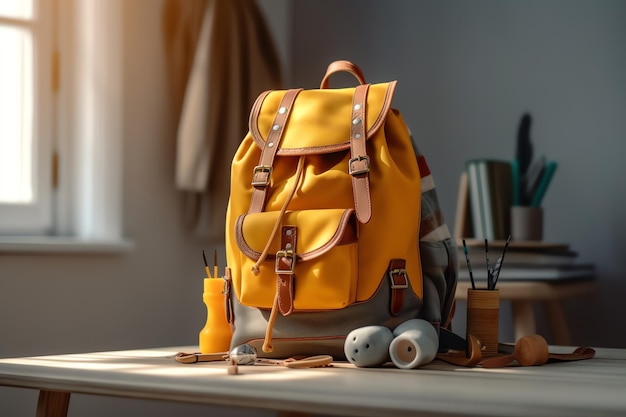 Un sac à dos jaune sur un bureau avec une table en bois et d'autres objets.