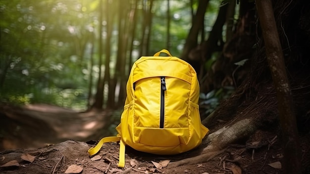 Sac à dos jaune dans les bois avec le mot sac à dos dessus