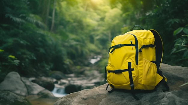 Sac à dos jaune dans une forêt