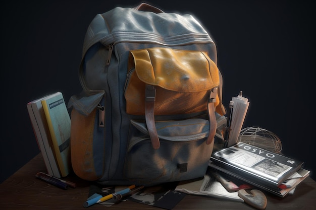 Un sac à dos avec un livre dessus et un stylo et une règle sur la table.