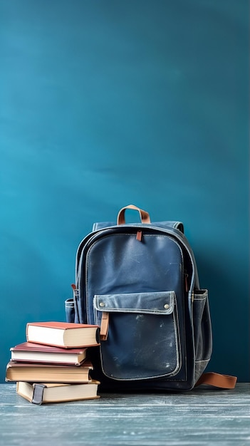 Photo sac à dos et livres devant fond bleu