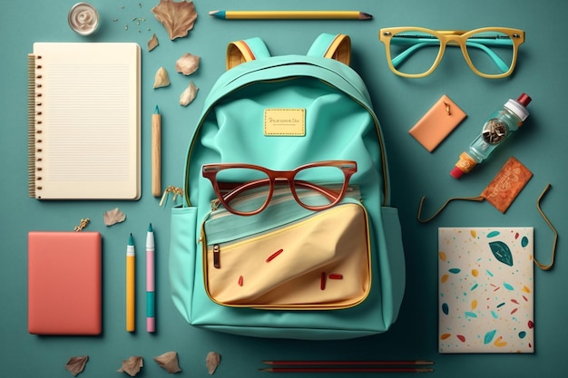 Un sac à dos avec des lunettes et un livre dessus à côté d'un cahier et d'un stylo