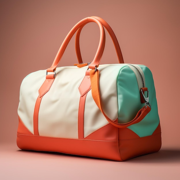 Un sac à dos luxueux orange et turquoise sur une surface grise