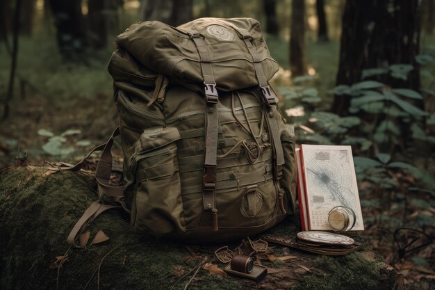 Sac à dos militaire avec carte et boussole visible entouré de forêt