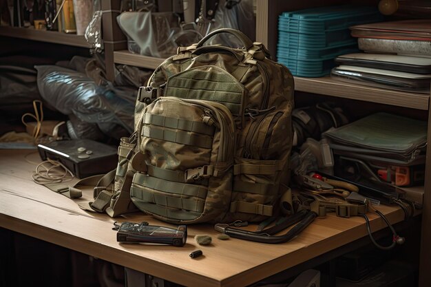 Sac à dos militaire rempli d'outils et de fournitures prêts à être déployés à tout moment