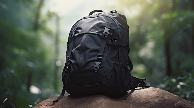 Un sac à dos noir est assis sur un cheval dans une forêt.