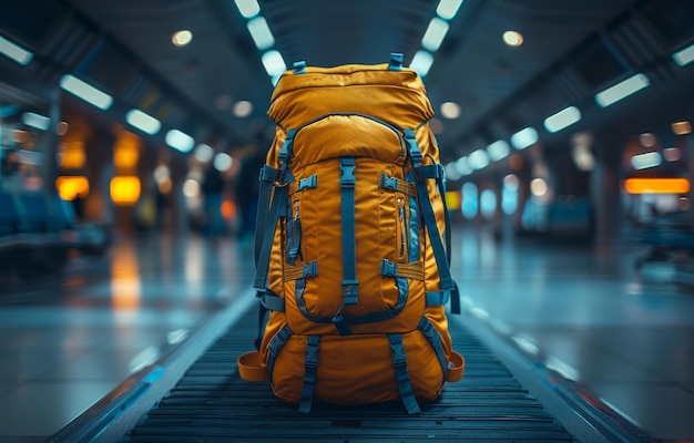 Un sac à dos orange debout sur la voie dans le hall de l'aéroport