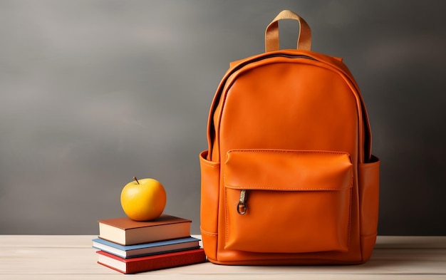 Un sac à dos orange vintage avec des fournitures scolaires sur la table