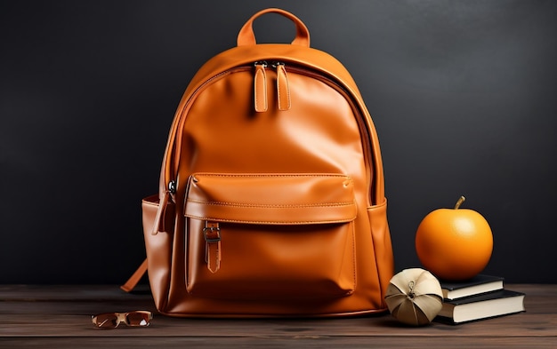 Un sac à dos orange vintage avec des fournitures scolaires sur la table