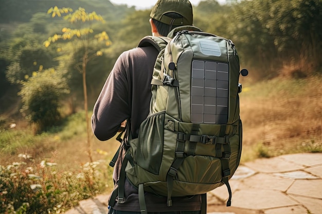 Sac à dos de randonnée avec chargeurs de panneaux solaires et autres gadgets créés avec l'IA générative