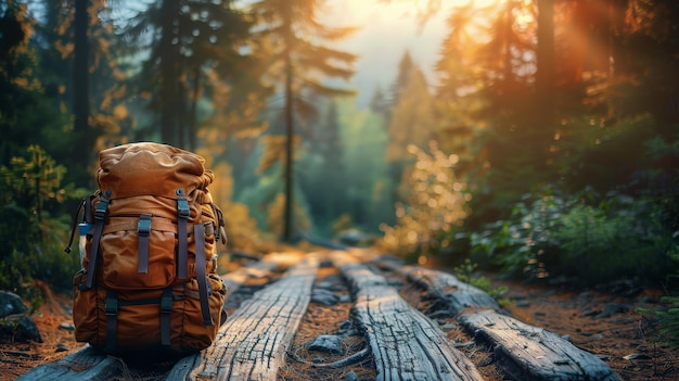 Photo un sac à dos reposé sur un tronc dans la forêt