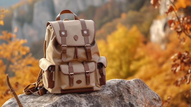 Un sac à dos sur un rocher sur un fond de montagne