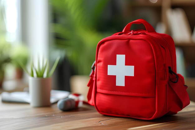 Un sac à dos rouge avec une croix blanche dessus