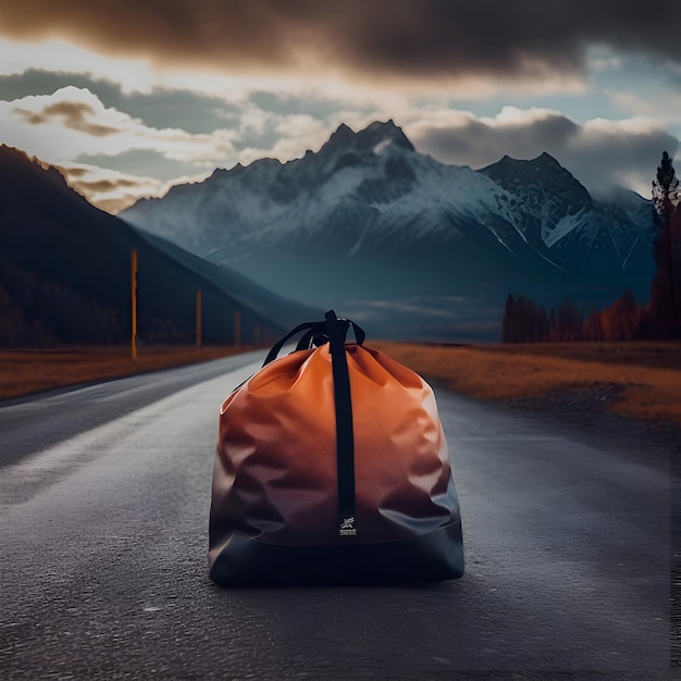 Sac à dos sur la route goudronnée dans les montagnes rendu 3d