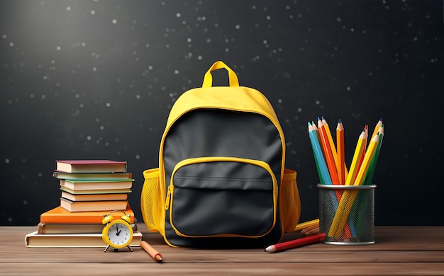 Sac à dos ou sac à dos jaune-noir avec livres, fournitures, tableau noir, fond, retour à l'école, éducation élémentaire, concept d'enseignement primaire, espace de copie, bureau dans une salle de classe vide
