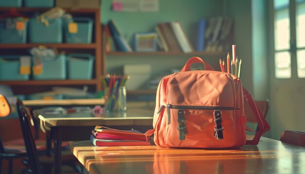 Sac à dos scolaire avec des articles de papeterie sur la table dans la salle de classe