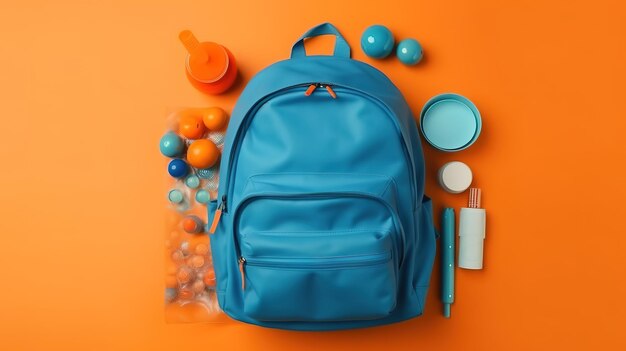 Sac à dos scolaire bleu complet avec différentes fournitures sur fond orange FLat lay Génératif Ai