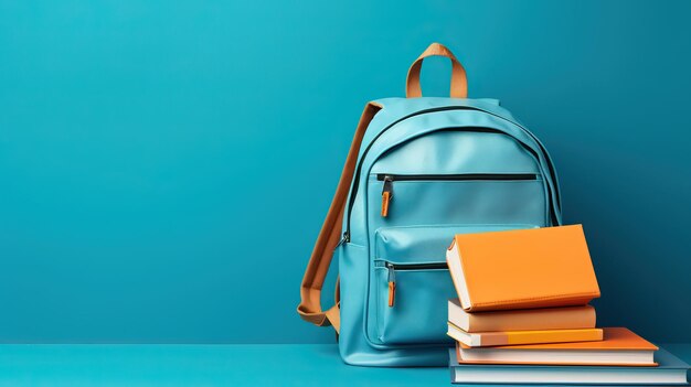 Sac à dos scolaire complet avec des livres isolés sur fond bleu avec espace de copie Concept de retour à l'école