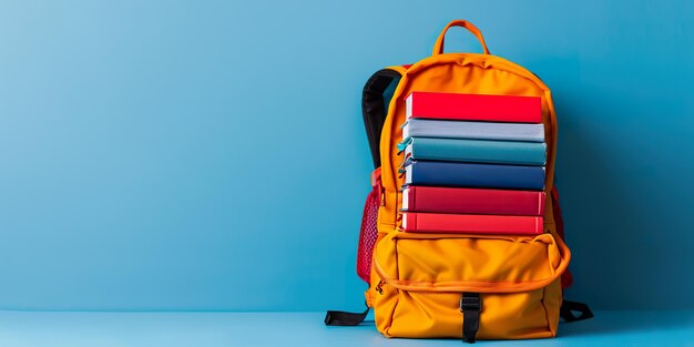 Photo un sac à dos scolaire complet avec des livres isolés sur fond bleu