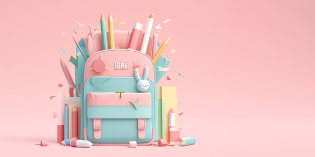 Sac à dos scolaire avec des crayons de couleur sur fond rose