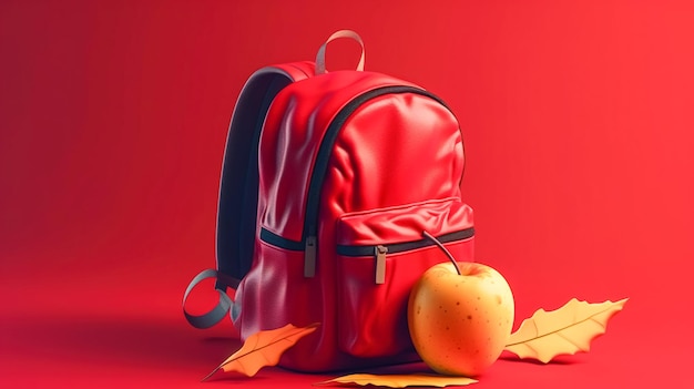 Sac à dos scolaire avec des feuilles sur fond rouge ai générative