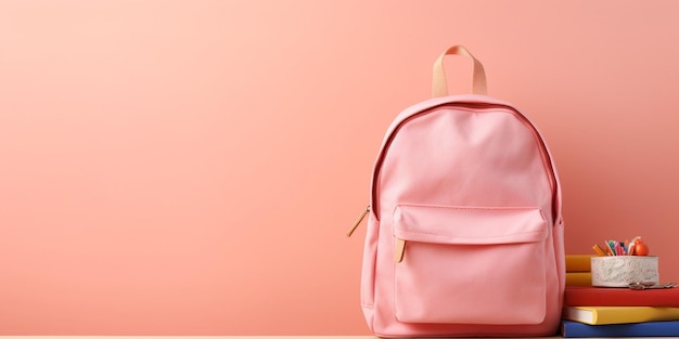 Sac à dos scolaire avec fournitures de papeterie sur fond rose IA générative