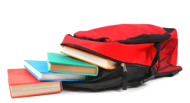 Sac à Dos Scolaire Et Livres. Sur Fond Blanc.