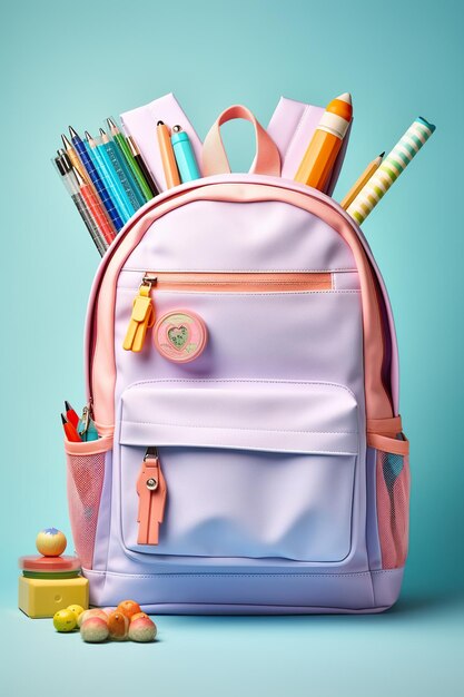 Un sac à dos scolaire organisé sur un fond pastel joyeux