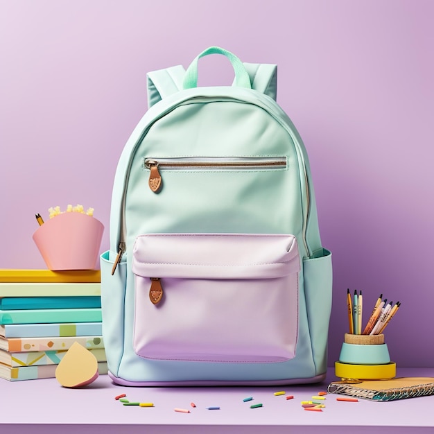 Un sac à dos scolaire organisé sur un fond pastel joyeux