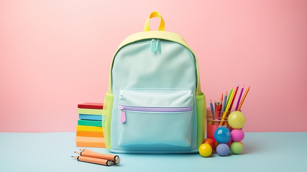 Un sac à dos scolaire organisé sur un fond pastel joyeux