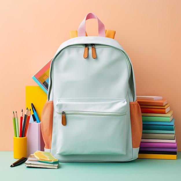 Un sac à dos scolaire organisé sur un fond pastel joyeux